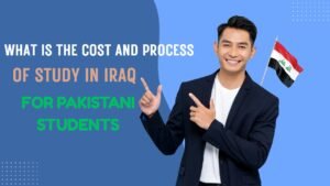 Smiling young man in a suit pointing towards text “Study in Iraq for Pakistani Students – Cost and Process” with Iraqi flag in background.