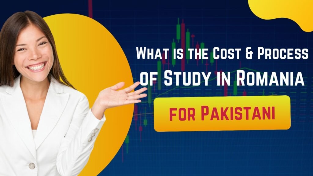 Study in Romania for Pakistanis – cost and process guide banner with a smiling woman in white blazer on a colorful background.