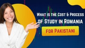 Study in Romania for Pakistanis – cost and process guide banner with a smiling woman in white blazer on a colorful background.