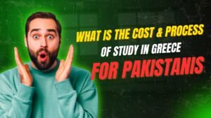 Study in Greece for Pakistanis – cost and process explained in a banner with a surprised young man on a green background.