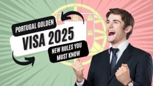 Portugal Golden Visa 2025 new rules with excited businessman celebrating in front of Portugal flag.