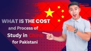 A young man pointing towards a banner with the Chinese flag and text about the cost and process of studying in China for Pakistani students.