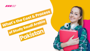 Pakistani student holding books with text “What’s the Cost & Process of Study Saudi Arabia for Pakistan” – study abroad guide.