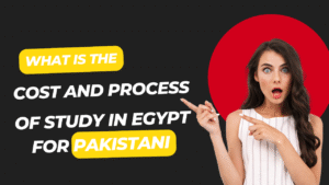A surprised woman pointing towards text that says “What is the cost and process of study in Egypt for Pakistani students.