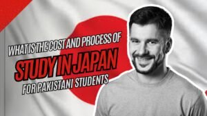 A smiling man with Japan’s flag in the background and text saying “What is the cost and process of study in Japan for Pakistani students.