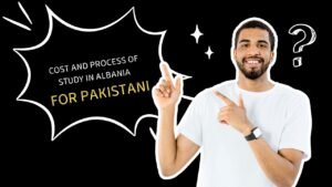 Man pointing at text about the cost and process of studying in Albania for Pakistani students on a black background with white and yellow lettering.