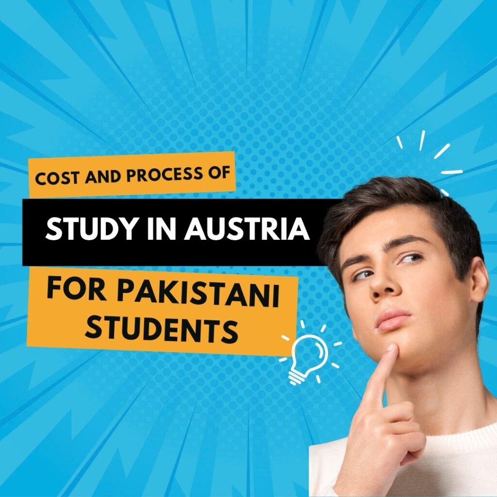 A thoughtful young man with text overlay explaining the cost and process of studying in Austria for Pakistani students, set against a blue comic-style background.