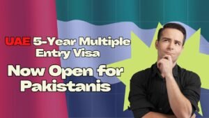 Man thinking with text about UAE 5-year multiple entry visa now open for Pakistanis.