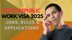 Man thinking with Czech Republic Work Visa 2025 text about jobs, rules, and applications.