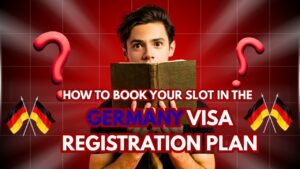 Young man holding a book with Germany visa registration guide text, surrounded by German flags and question marks.