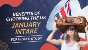 Student holding suitcase with UK flag background promoting January intake benefits for higher study.