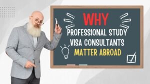 A bearded man pointing to a chalkboard with the text “Why Professional Study Visa Consultants Matter Abroad.