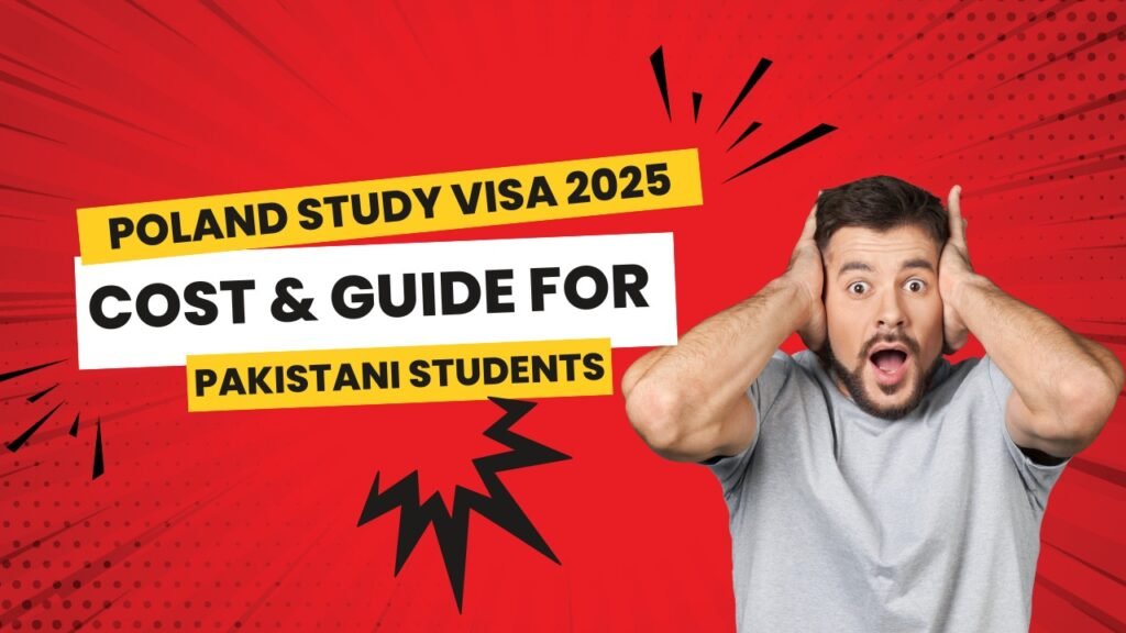 Pakistani student surprised while learning about Poland study visa 2025 cost and guide on red background.